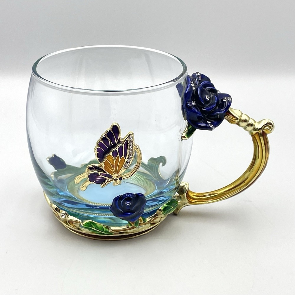 ARC Blue Glass Mug Gold Tone Holder Blue Rose Butterfly Rhinestone Tea Cup
